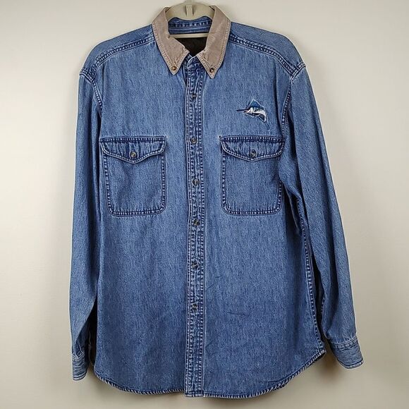 Reel Legends Denim Long Sleeve Button Down Shirt Vintage - Picture 1 of 14